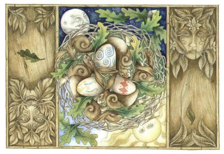 Ostara Hares and Eggs Greetings Card by Christopher Bell